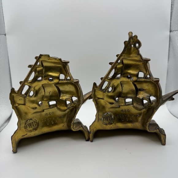 Vintage Weidlich Brothers WB Bronze Cast Iron Bookends Pair Galleons Ships Boats - Picture 8 of 13